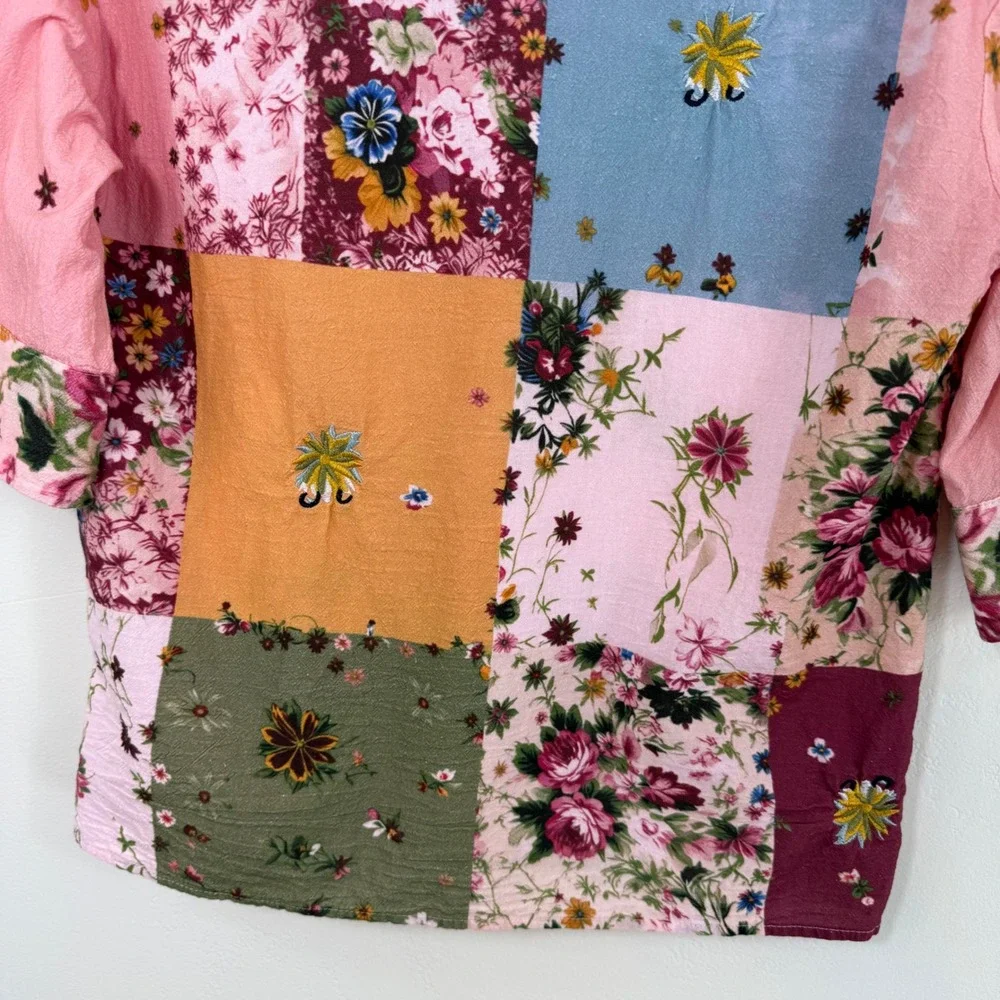 Patchwork Floral Embroidered Blouse Cottagecore Boho Indie Top Pink Korea Made S